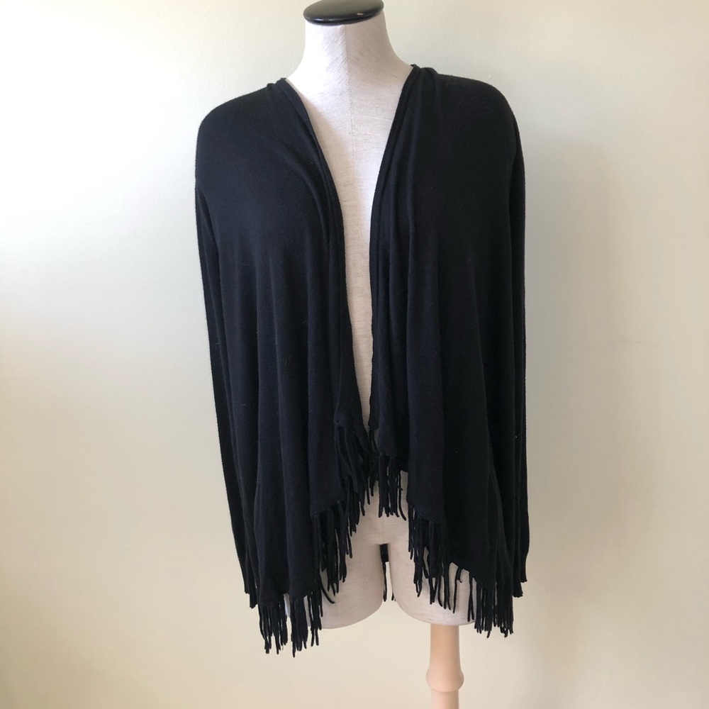 Aqua black open front cardigan fringe sweater